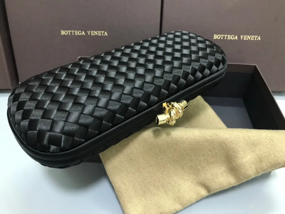 Style No. 8651, upgraded version of full silk evening bag inside and outside~~~INTRECCIATO woven IMPERO STRETCH KNOT clutch bag, hand-woven silk, smooth satin piping, Intrecciato engraved metal buckle, silk satin lining. Large size: 25cm*10cm*5cm